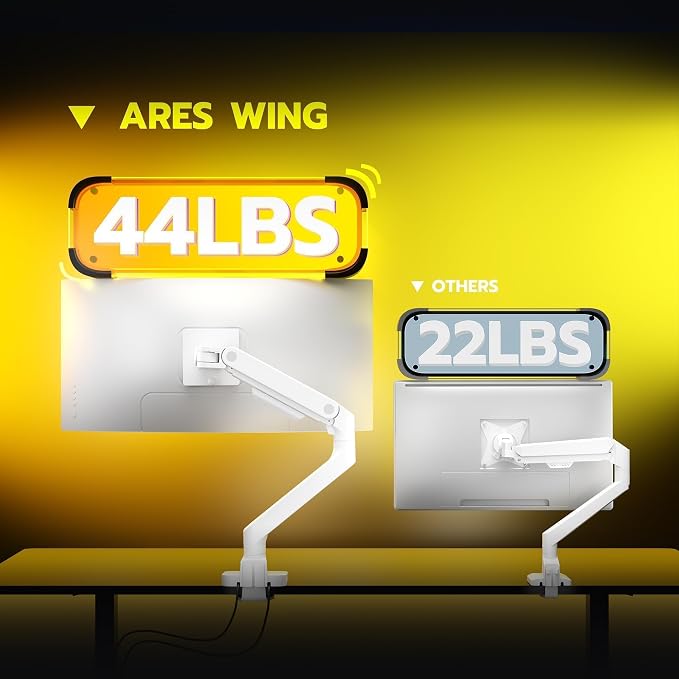ARES WING Ultrawide Monitor Arm with USB for 17 to 49 Inch Screen, White | Pro Gas Spring, Full Range of Motion, for 75/100 Vesa Mount, for Samsung, LG Curved/Flat Monitor, Easy Install, Hold 44lbs