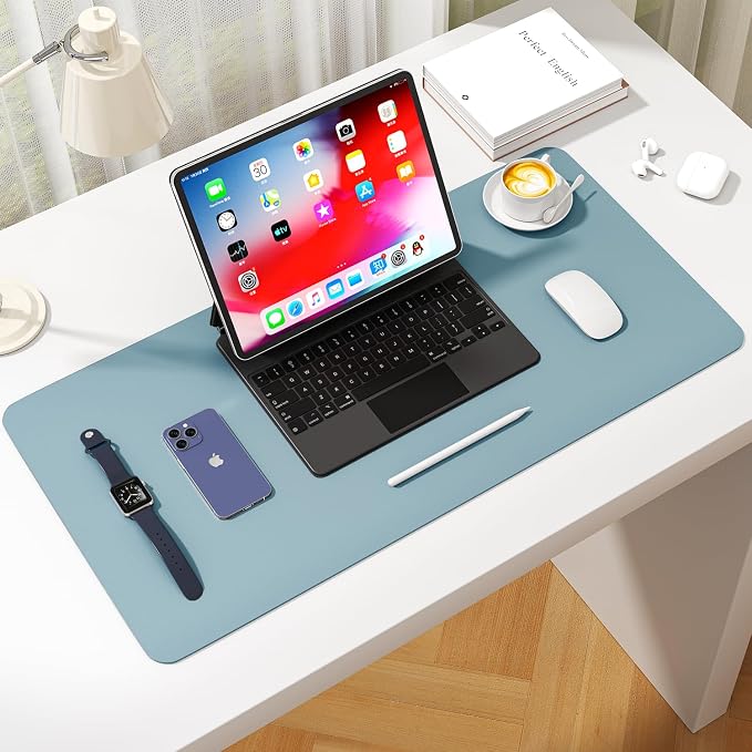 Leather Desk Pad Protector, Waterproof Mouse Pad, PU Desk Mat, Office Desk Cover, Desk Writing Mat for Office/Home/Work/Cubicle (Light Blue) 35.4x17 in