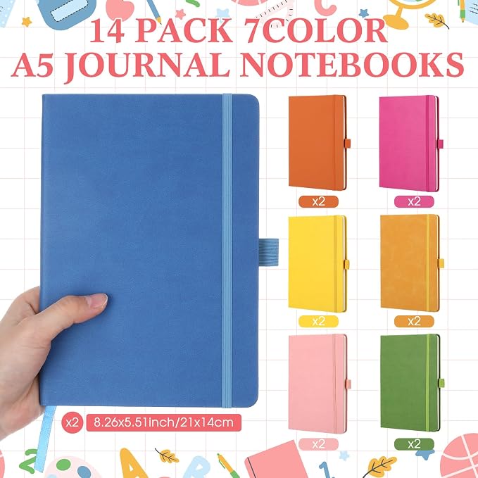 Laumoi 14 Pack Hardcover Journal Notebooks Bulk A5/A4/B5 Journaling Notebook Wide Ruled PU Leather Ruled Lined Journals with Pen Holder for School Business Work Writing (Fashion Color,A5)