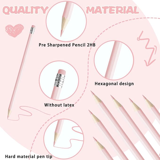 12 PCS Macaron Pink Colored Pencils with Eraser Pre Sharpened Pencil 2 HB - Ideal for Checking, Grading, Tests & Office/School Supplies
