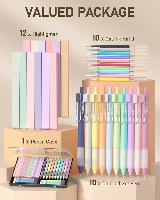 Nicpro Aesthetic Highlighters and Gel Pen set with Case, 33PCS | Bible Study Supplies with 12 Assorted Colors Bible Highlighter No Bleed, 10 Fine Point Colored Ink Gel Pens for Journaling