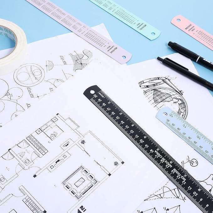 5 Pack Metal Ruler 12 Inch, Stainless Steel Ruler Kit with Centimeters, Millimeters, Inches and Conversion Table for Office and School, Easy to Read Metric Rule Set