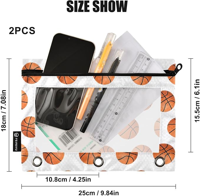 Basketball Pencil Pouches for 3 Ring Binder, Zipper Binder Pencil Case, 2 Pack Clear Window Case Bag for Office Organizers