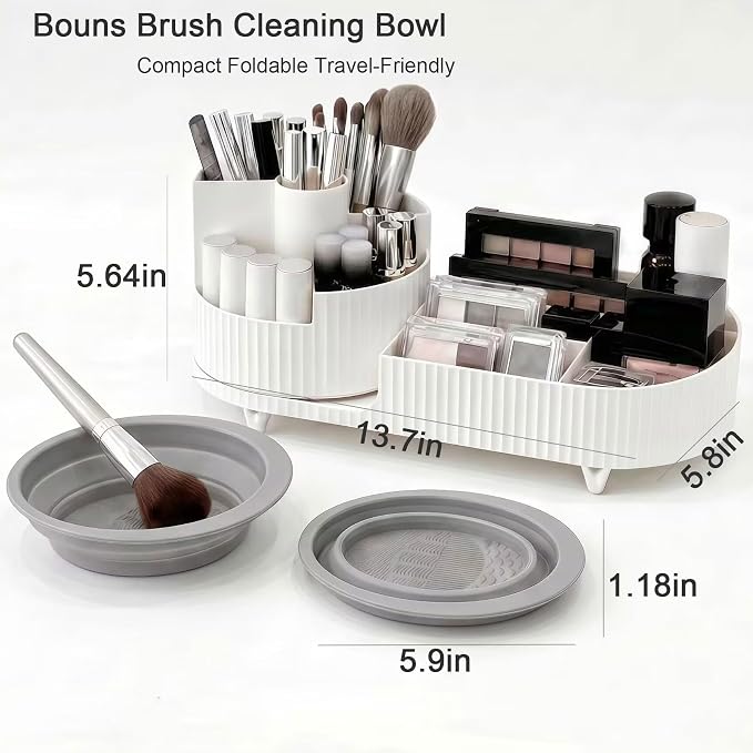360 Rotating Makeup Organizer for Vanity Large Capacity Cosmetic Organizers with Makeup Brush Holder,Bathroom Counter Organizer and Vanity Organizer,Includes Collapsible Makeup Brush Cleaning Bowl