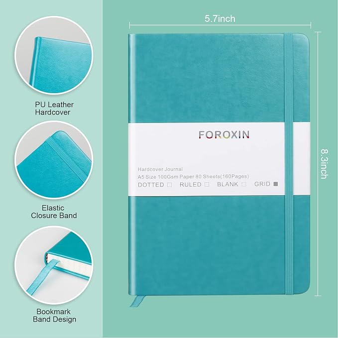 Grid Journal Bullet Notebook - Turquoise Leather Cover, 8.3 x 5.7Inch, 160 Pages, 100gsm Paper, Hardcover with Inner Pocket, Elastic Closure and Ribbon Bookmark, Great for Women and Men