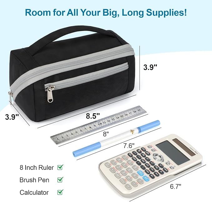 Large Capacity Pencil Case - Pencil Pouch for Teen Boys, Aesthetic Pouch Organizer with 8 Compartments, Wide Opening Marker Bag for Middle High School College, Fits Calculator, Black | Wide Open 8 Compartments, Flexible Dividers & Side Pockets, Handle,...