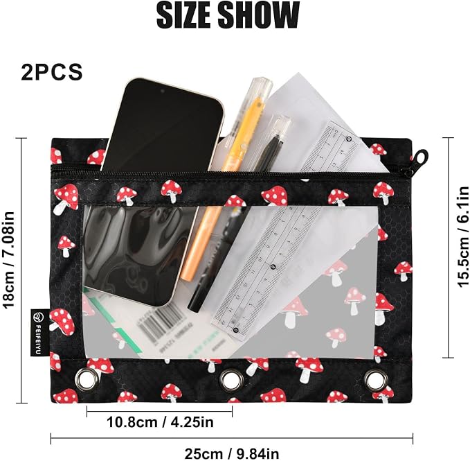 ALAZA Pencil Pouch for 3 Ring Binder, Cartoon Forest Red Mushrooms Binder Pencil Pouches with Clear Window Zipper Pencil Case Cosmetic Bags for Office College Supplies, 2PCS