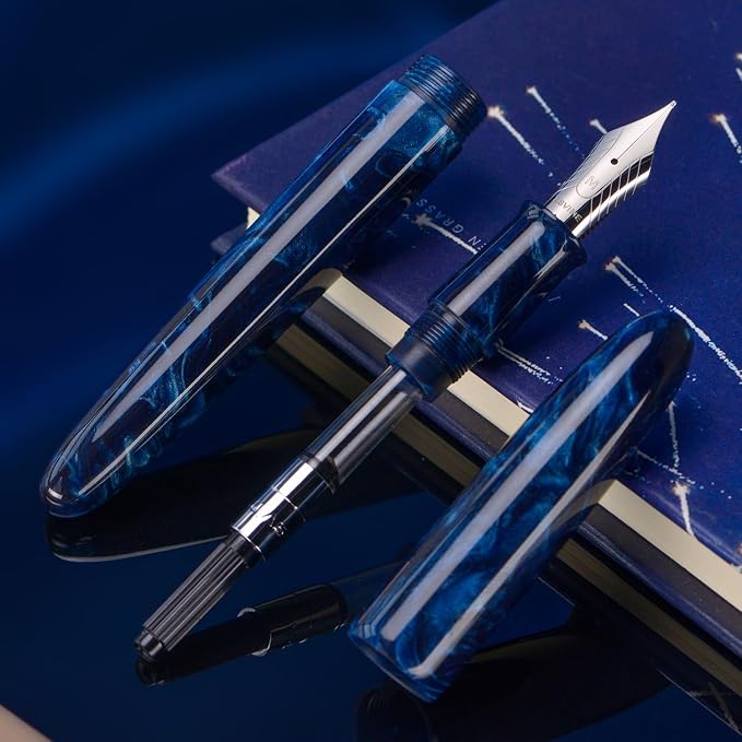 Asvine C80 Fountain Pen #8 Extra Fine Nib Large Handcraft Pen with Converter Pen Box Collection Set (Galaxy Blue)