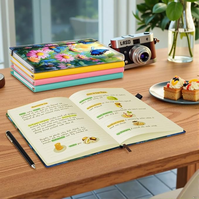 Hardcover Executive Notebooks, A5 PU Leather Lined Journal Notebook, 200 Pages Thick Paper Subject Notebooks for School,Work,Home Writing Business Notebook, Diary Book ，Blue Butterflies and Flowers