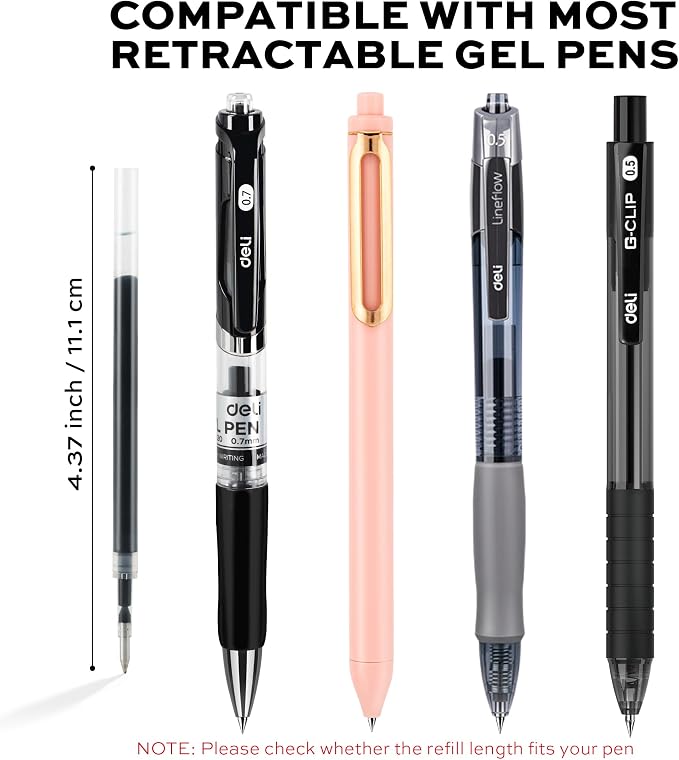 deli Gel Pen Refills, 60 Pcs Retractable Pen Refills Black Ink, Medium Point 0.7mm, Smooth Writing, Fast Dry, No Bleed for Journaling Note Taking, Home School Office Supplies