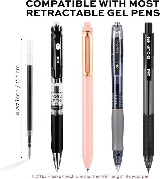 deli Gel Pen Refills, 30 Pcs Retractable Pen Refills Black Ink, Medium Point 0.7mm, Smooth Writing, Fast Dry, No Bleed for Journaling Note Taking, Home School Office Supplies