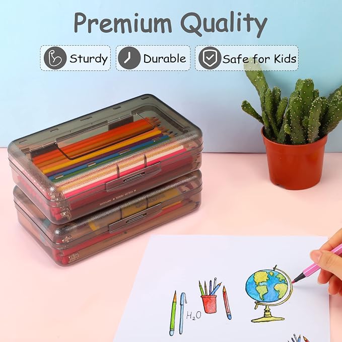 Sooez 1 Pack Clear Pencil Box, Plastic Hard Pencil Case with Stickers, Large Crayon Box with Snap-tight Lid, Stackable Storage Art Craft Marker Organizer Boxes for Kids Boys Back to School, Gray