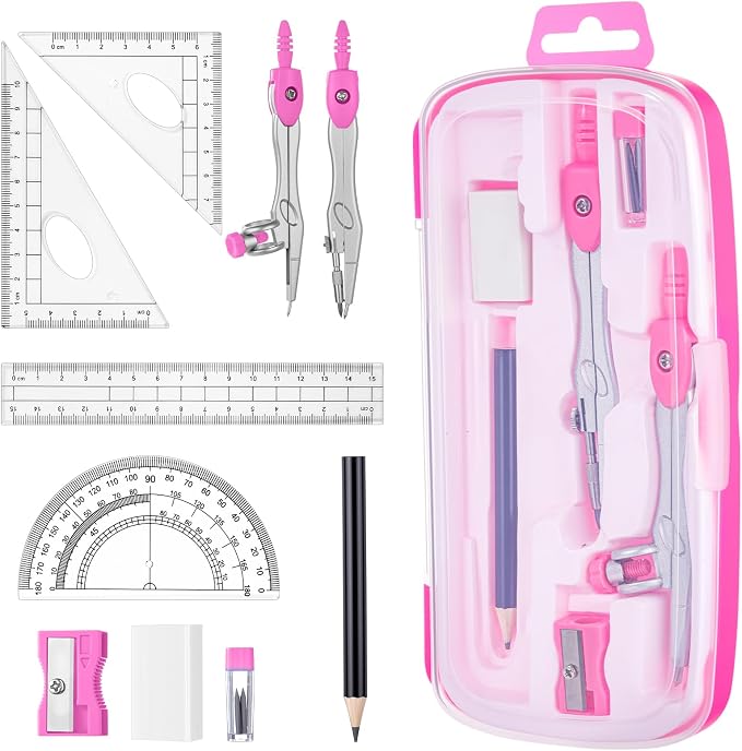 Zonon Math Geometry Set for Students 10 Pcs Compass Geometry Tools Kit Includes Protractor Compass Lead Refills Rulers Pencil Sharpener Eraser Pencil Storage Box for Drafting and Drawings(Pink)