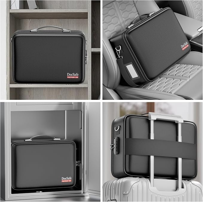 DocSafe Fireproof Document Box with Lock＆Shoulder Strap, Hard-Shell Case File Organizer with Accordion File Folder, Multi-Layer Portable Home Office Travel Safe Storage for Important Documents Laptop