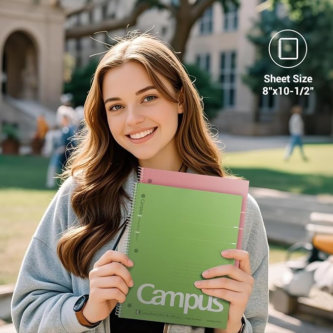 KOKUYO Spiral Notebooks, 3 Pack College Ruled 10-1/2" x 8" Lined Notebook | Campus Subject Notebooks, 80 Sheets, 3 Holes School Japanese Ring Journal for Work Study Note Taking, Pink Blue Green