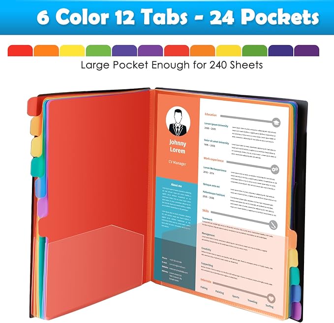 HABGP 24 Plastic Folders with Multi Pockets, 12 Colors, Office Organizer with 12 Tab Dividers, Letter Size School Supplies