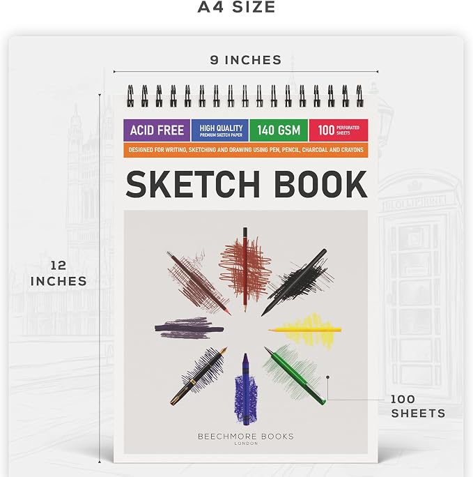 BEECHMORE BOOKS 9"x12" Spiral Bound Sketchbook - 100 Perforated Sheets 140 GSM (95lb) Acid-Free White Paper, Premium Professional Artist Sketch Pad, Art Supplies for Adults Students Drawing Notebook