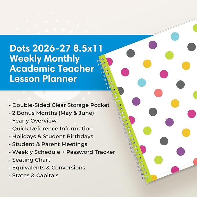 Blue Sky 2026-2027 Weekly & Monthly Academic Planner, 8.5"x11", Dots | July 2026 - June 2027, Clear Pocket Cover, Wirebound, Laminated Tabs, Storage Pocket, Academic Year, Teacher Lesson Planner