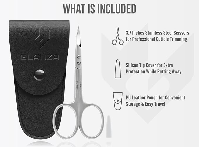 Cuticle Scissors Extra Fine Curved & Pointed Sharp Blades, German Quality Stainless Steel with Leather Case, Nail Care Manicure, Pedicure, Eyebrow, Eyelash & Mustache Scissors (Silver, Fine Sharp)
