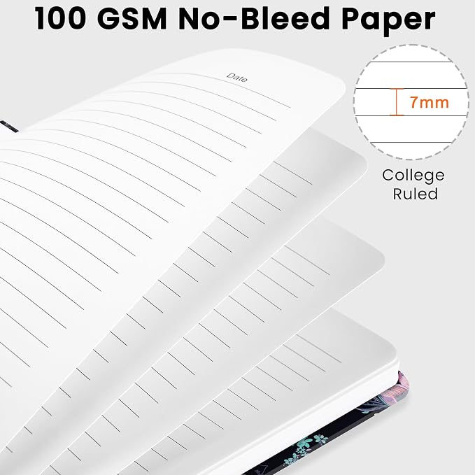 CICPAP Lined Spiral Journal Notebook, A5 College Ruled Notebook for Journaling, Note-Taking, and Daily Planning, Durable Hardcover with an Elegant Design, Black Floral