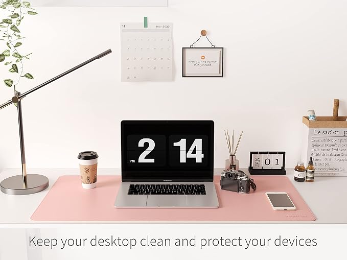 RENMTURE Dual-Sided Mouse Pad, Natural Cork & PU Leather Large Desk Pad for Office and Home Work, Desk Protector Non-Slip, Waterproof, Easy Clean (Pink, 36"x17")
