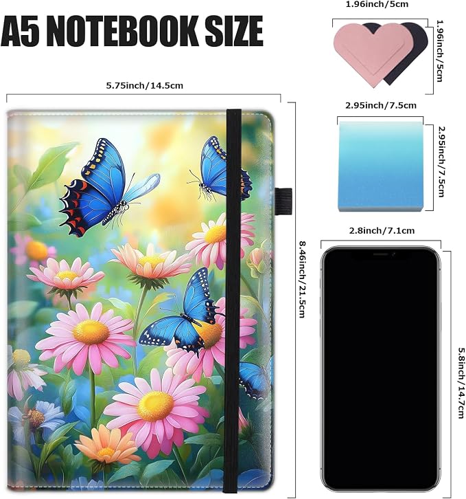 Hardcover Executive Notebooks, A5 PU Leather Lined Journal Notebook, 200 Pages Thick Paper Subject Notebooks for School,Work,Home Writing Business Notebook, Diary Book ，Blue Butterflies and Flowers