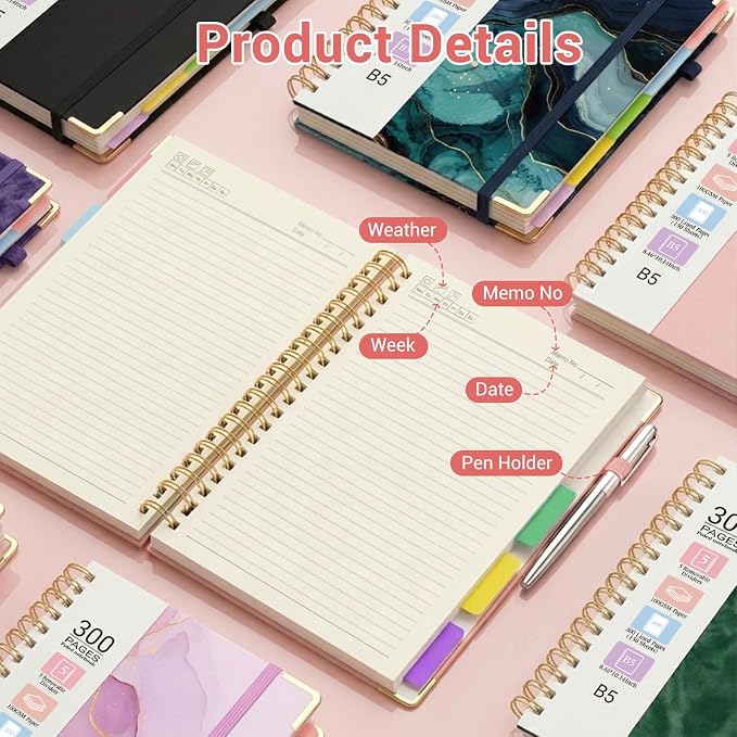Hardcover Spiral Journal Notebook, 300 Pages 5 Subject Notebook College Ruled with Removable Dividers Tabs, 8" x 10" Notebooks for Work, Spiral Ruled Lined Writing Journal Hardcover Leather Notebook for School (Purple oil painting, 8''x 10'')