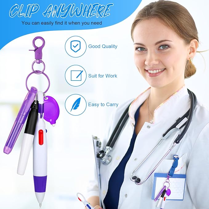 Chinco 30 Pcs Retractable Shuttle Pen Clip with Mini Highlighter Nurse Badge Pen Neon Marker LED Keychain Ring Clip