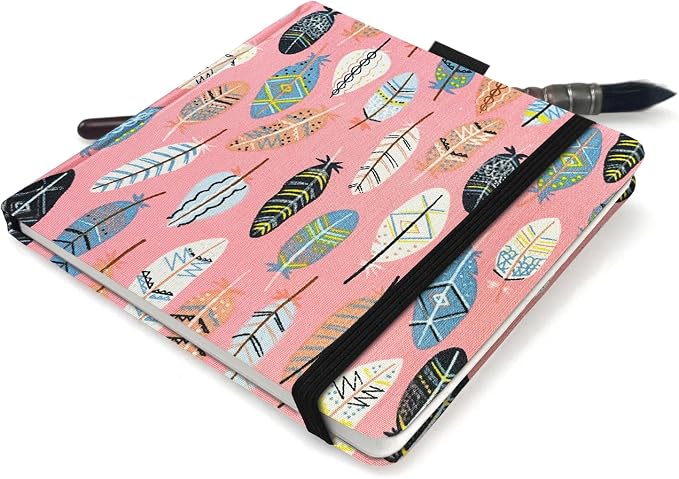 5x5 Handy Portable Handmade Cloth Fabric Hardcover Sewing Binding Travel WaterSketchbooks Watercolor Paper 140LB/300gsm 20Sheets/40Pages Journal Mixed Media Pad Notebook Pink Feather