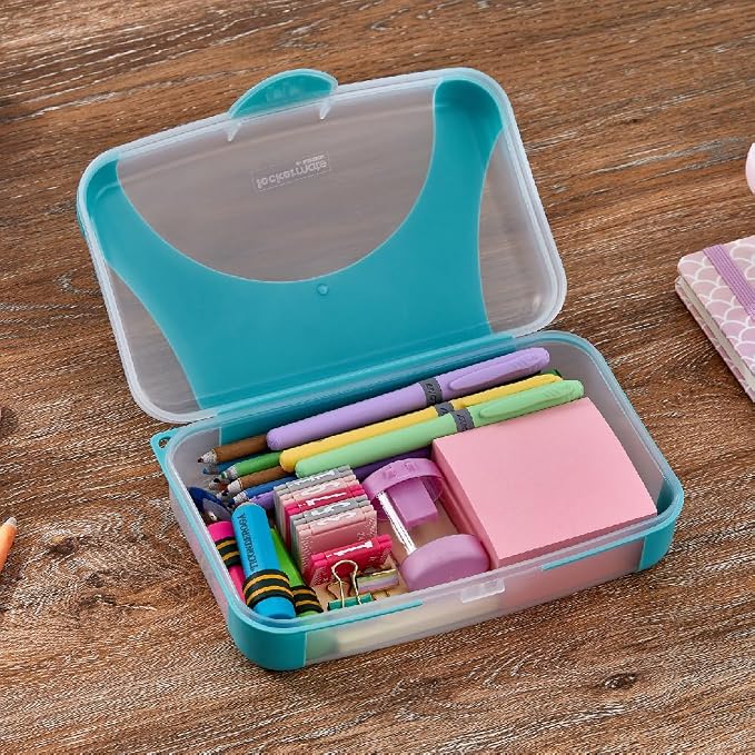 LockerMate by Bostitch Hard Pencil Case, Durable Plastic Pencil Box, Kid-Friendly Design, Teal & Clear