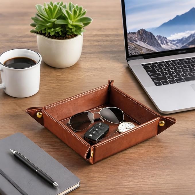 YAPISHI Light Luxury Valet Tray for Men, PU Leather Vanity Jewelry Tray & Decorative Perfume Catchall, Folding Travel EDC Dump Tray, Nightstand Organizer Caddy for Keys, Watches, Coin Bowl Dish