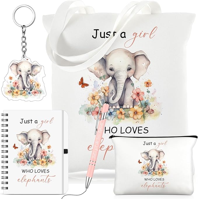 Kinlop 5 Pcs Elephant Pattern Gifts for Women Include Just a Girl Who Loves Elephants Tote Bag Canvas Cosmetic Bag Coil Notebook Keychain and Ballpoint Pen for Women Girls
