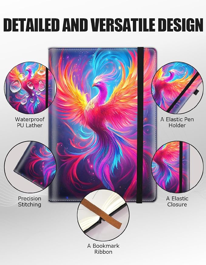 Hardcover Executive Notebooks, A5 PU Leather Lined Journal Notebook, 200 Pages Thick Paper Subject Notebooks for School,Work,Home Writing Business Notebook, Diary Book ，Synthwave Phoenix