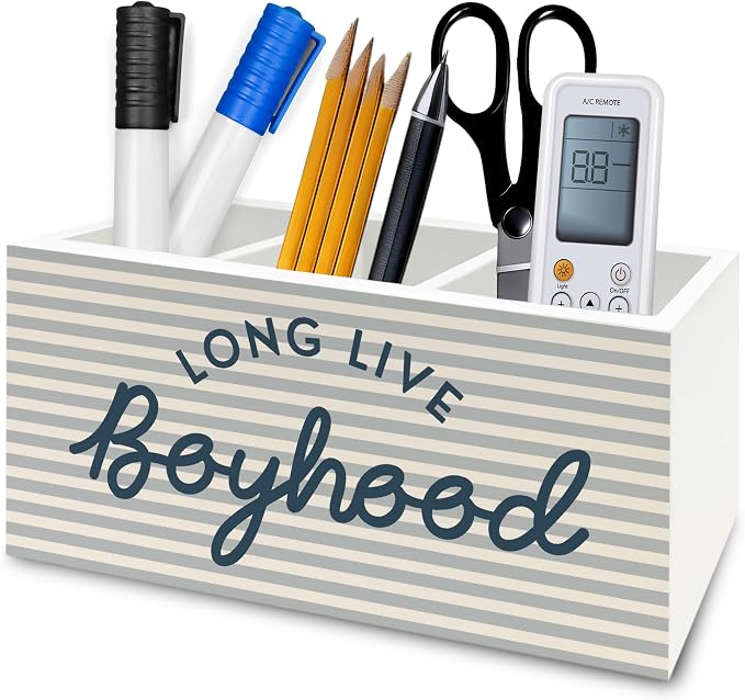 Boys Pen Pencil Holder Organizer for Desk, Long Live Boyhood Grey Striped Wooden Box Signs Decorations for Home Classroom Kids Boy Nursery Room Bedroom Playroom Desk Tabletop, Boys Room Decor