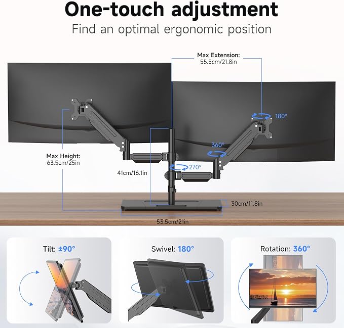 Suptek Freestanding Dual Monitor Stand for 2 Screens up to 35 Inches, Height Adjustable Monitor Arms Hold 24.25 lbs Each, Full Motion Dual Monitor Mount with Large Stable Base, VESA 75/100