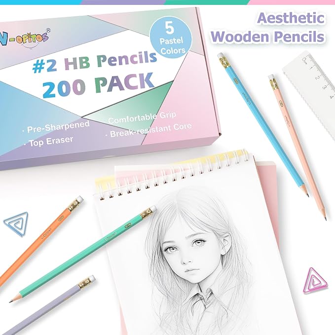 V-Opitos 200 Pack Bulk Pre-Sharpened Pastel #2 HB Wood-Cased Pencils | Color Pencils with Top Erasers, School Teacher Supplies, Writing, Drawing and Sketching