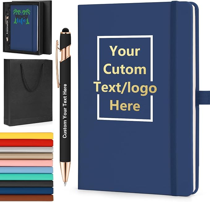 ENOMY Personalized A5 Notebook & Pen Set Custom PU Leather Journal 200 Lined Pages Custom Notebook with Gift Box Journals for Writing College Birthday Business Gift, Blue