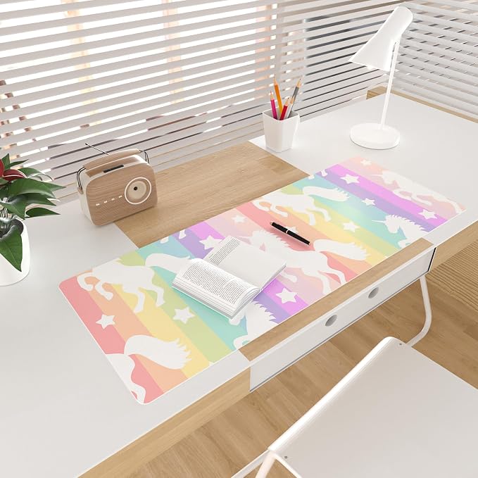Colorful Star Unicorn Rainbow PU Leather Waterproof Desk Pad, 31.5" x 11.8" | Girls Women Cute Desk Mat, Rainbow Desk Accessories Kawaii Office Décor, Non-Slip Large Writing Mat for Kids