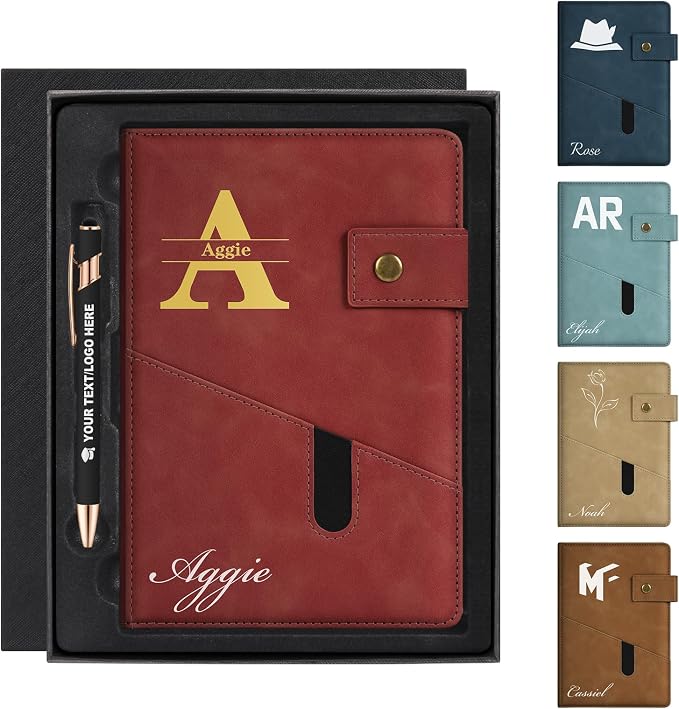 ENOMY Personalized Notebook & Pen Set PU Leather Custom A5 Notebook with Lock 200 Lined Paper Pages Luxury Gift Box for Men Women Travel College Business Gift, Red