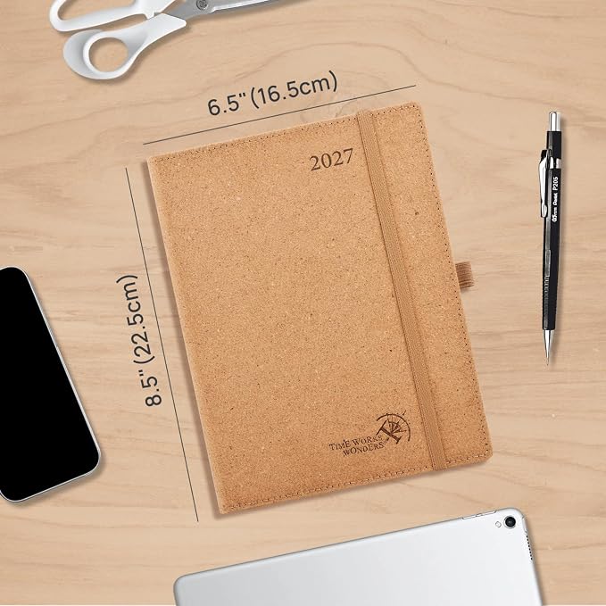 POPRUN 2027 Planner Weekly and Monthly, 6.5" x 8.75" Recycled Paper Calendar, Jan 2027- Dec 2027 Agenda, Daily Appointment Book with Hourly Time Slots, Monthly Tabs, Hardcover, 100 GSM - Desert Brown