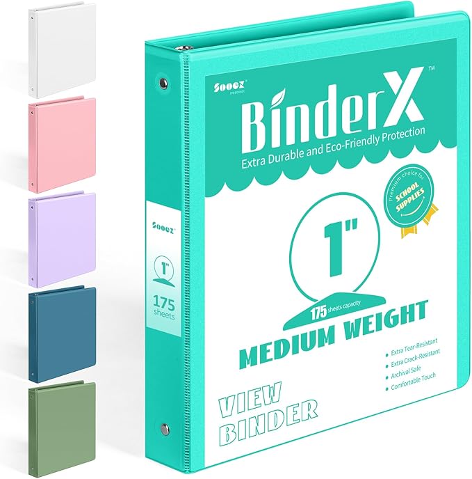 BinderX Extra Durable 3 Ring Binder, Round Rings 1 Inch Binder, Fits 175 Sheets of 8.5x11 Paper, Customizable View Cover with Inside Pockets, Cute 1" Binders, 1 Inch Binders 3 Ring, Aqua Blue