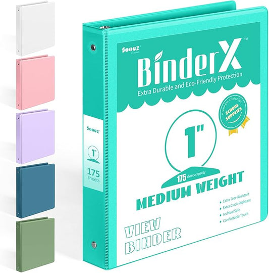 BinderX Extra Durable 3 Ring Binder, Round Rings 1 Inch Binder, Fits 175 Sheets of 8.5x11 Paper, Customizable View Cover with Inside Pockets, Cute 1" Binders, 1 Inch Binders 3 Ring, Aqua Blue