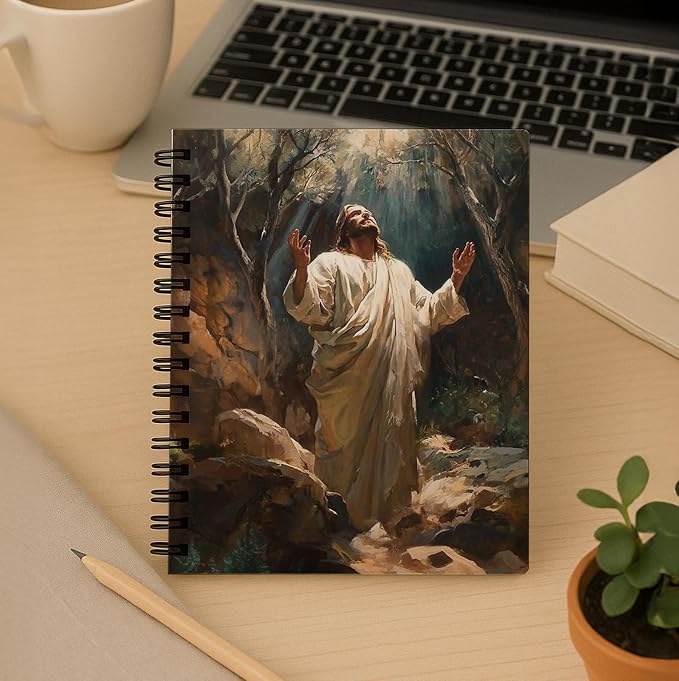 bitCNY Jesus in Prayer Notebook – Powerful Christian Art Journal with Divine Light, 8.3x5.5 Inches Faith Notebook for Men and Women 412