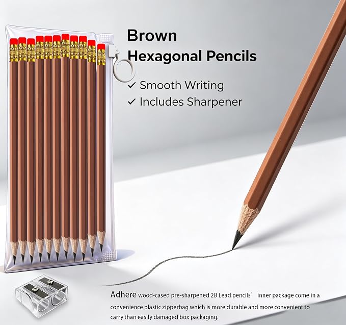 Adhere 25pcs Woodcase Pencils with Eraser Premium Pre-Sharpened Hexagon Graphite 2B pencils ideal for home, office writing including a Free Sharpener (Brown・25pcs)