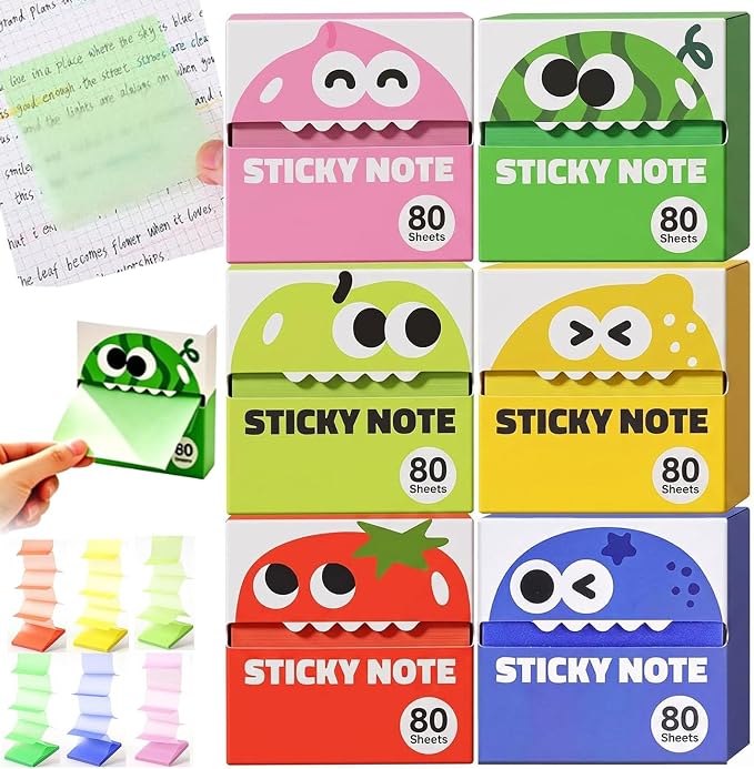 Cute Fruit Monster Pop Up Sticky Notes, Transparent Pull Out Sticky Notes, Translucent Sticky Notes Index Tabs Fun Clear Note, 80 Sheets Per Box, for Office, School，6 Boxes