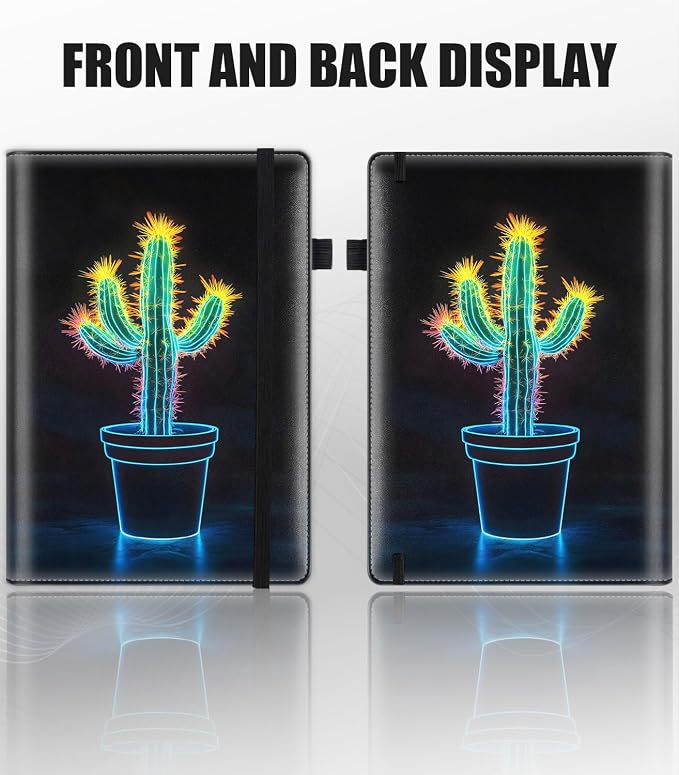 Hardcover Executive Notebooks, A5 PU Leather Lined Journal Notebook, 200 Pages Thick Paper Subject Notebooks for School,Work,Home Writing Business Notebook, Diary Book ，Neon Small Cactus