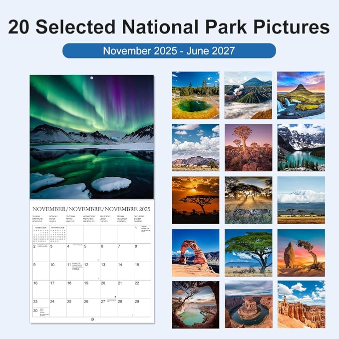 Calendar 2026 - Wall Calendar from January 2026 to June 2027, 3 Languages(English,French,Spanish), 2026 Calendar with Holiday Marked, Premium Paper for Organizing, 12" x 12",National Park - B