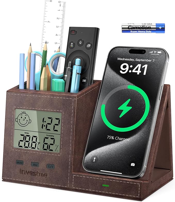 Pen Holder for Desk, Desk Organizer with Wireless Charger, Built in Digital Indoor Thermometer and Humidity Monitor, Multi-Functional Pencil Organizer for Home Office Supplies, Brown