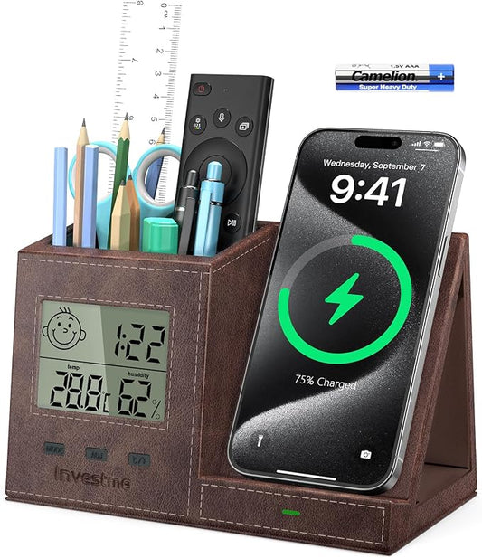 Pen Holder for Desk, Desk Organizer with Wireless Charger, Built in Digital Indoor Thermometer and Humidity Monitor, Multi-Functional Pencil Organizer for Home Office Supplies, Brown
