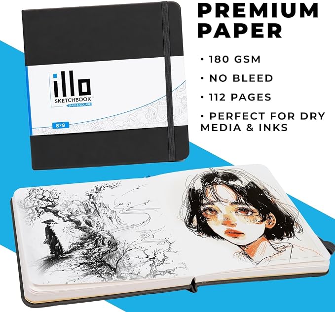 illo Sketchbook 8’’ x 8’’ Square Hardcover Sketch Book, (112lb/180gsm) Heavyweight Paper, Ribbon Marker, Back Pocket, Lays Flat, Minimal Bleed, Vegan, for Artists & Beginners